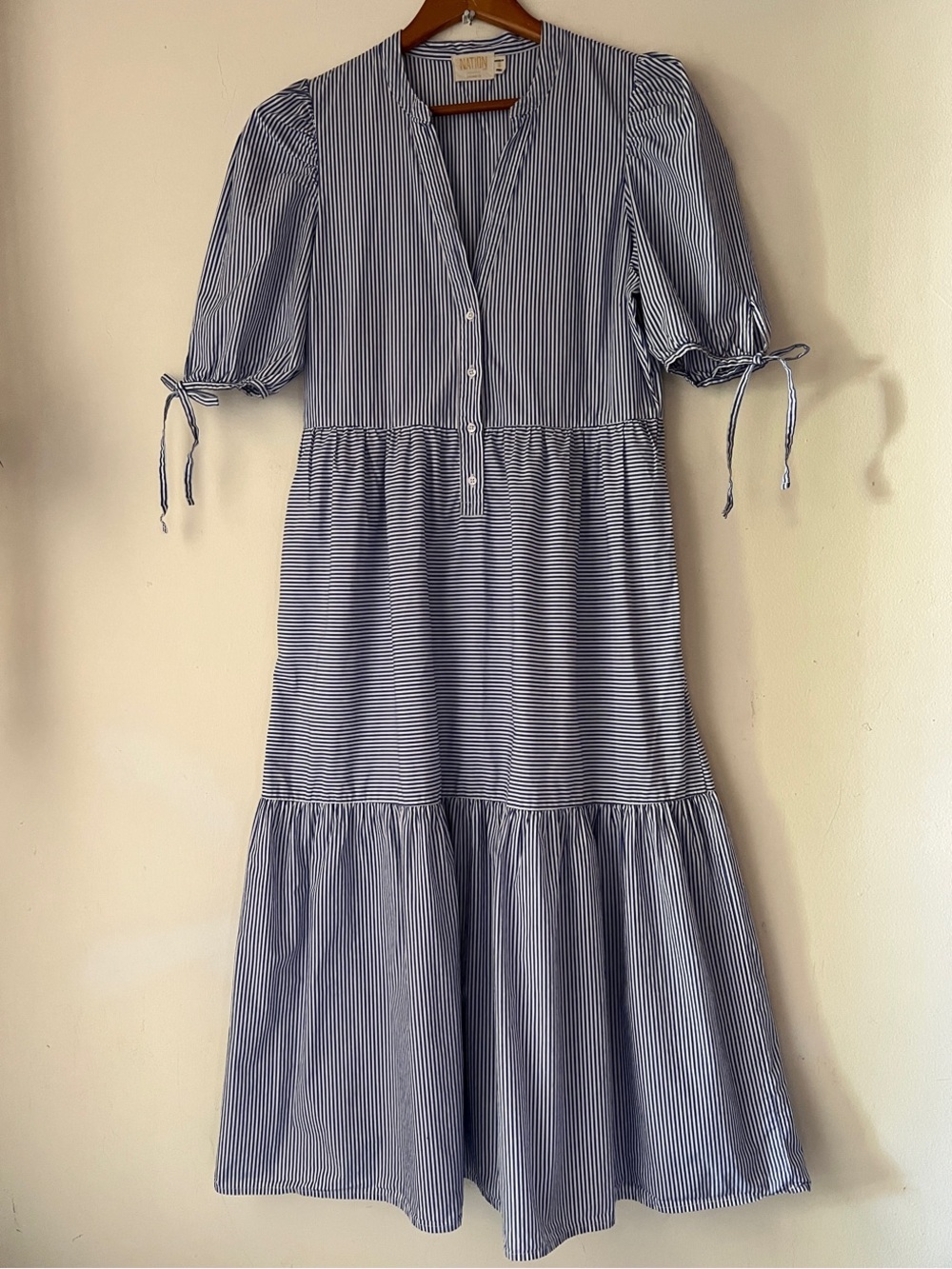 Nation LTD Dustin Romantic Midi Tiered Dress in blue white stripes Sz S Nautical